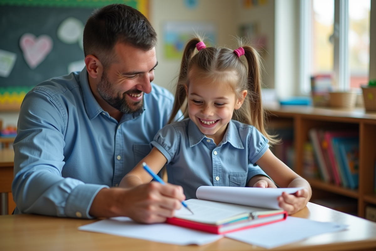 Enseignant aide un enfant avec Down syndrome dans la classe