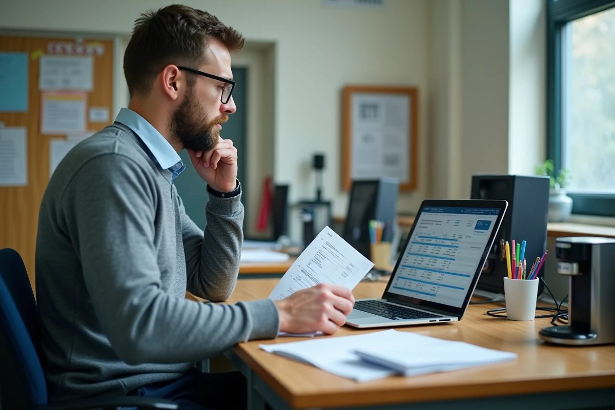 Enseignant masculin analysant sa fiche de paie dans la salle des professeurs, contexte de réforme salariale 2026