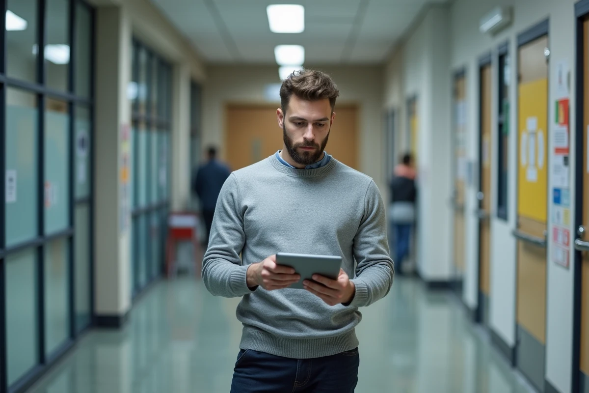 Enseignant consultant son dossier de carrière sur une tablette dans un couloir d'école via iProf Dijon