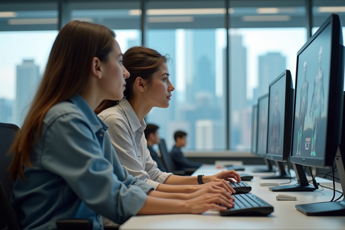 Professeure guidant un élève avec un modèle 3D sur écran