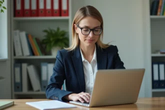 Enseignante utilisant la plateforme iProf Dijon sur son ordinateur portable dans un bureau scolaire professionnel