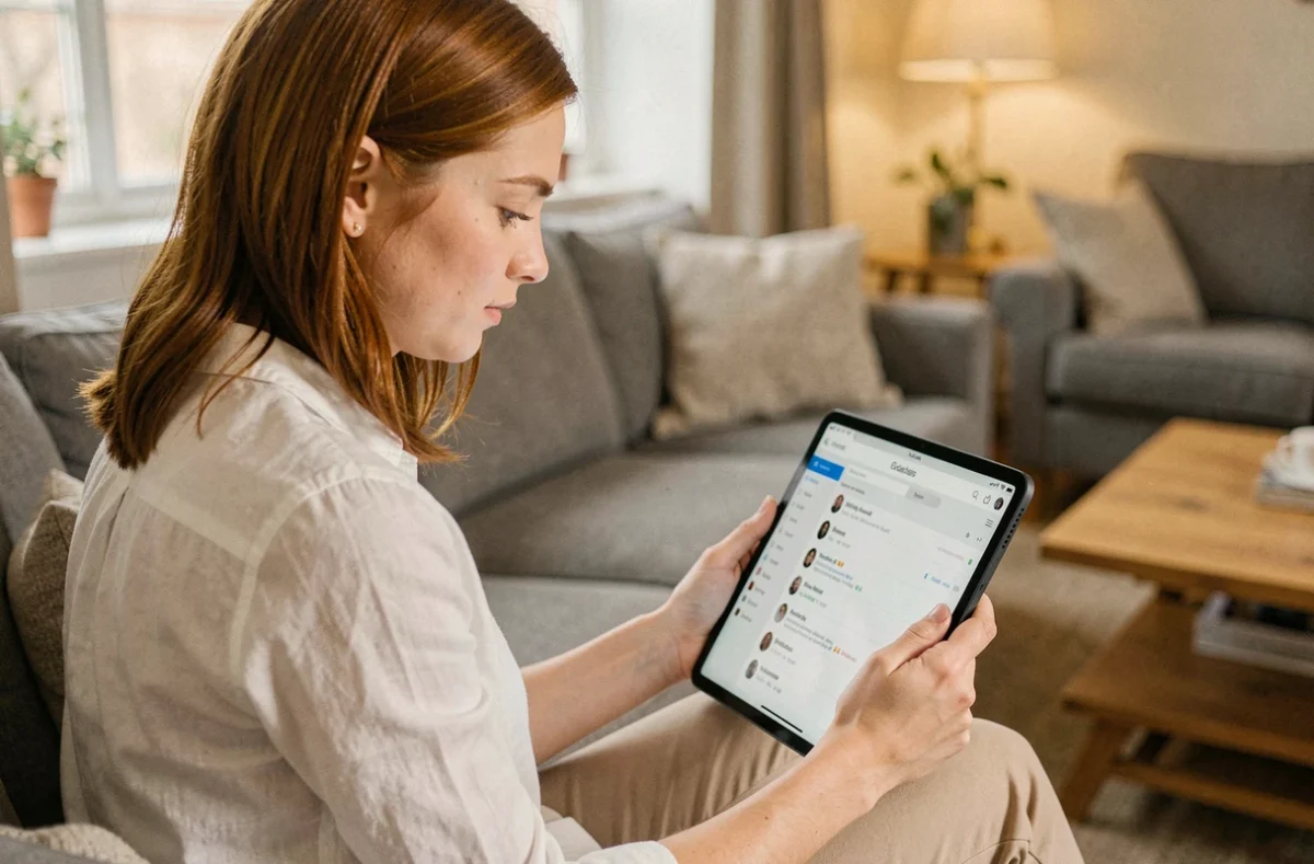 Enseignante consultant sa messagerie académique Orléans-Tours sur une tablette depuis son salon