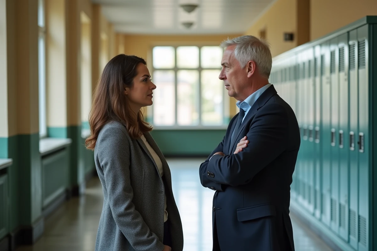 Deux enseignants en discussion dans un couloir d'école, échangeant sur les perspectives salariales après la revalorisation 2026