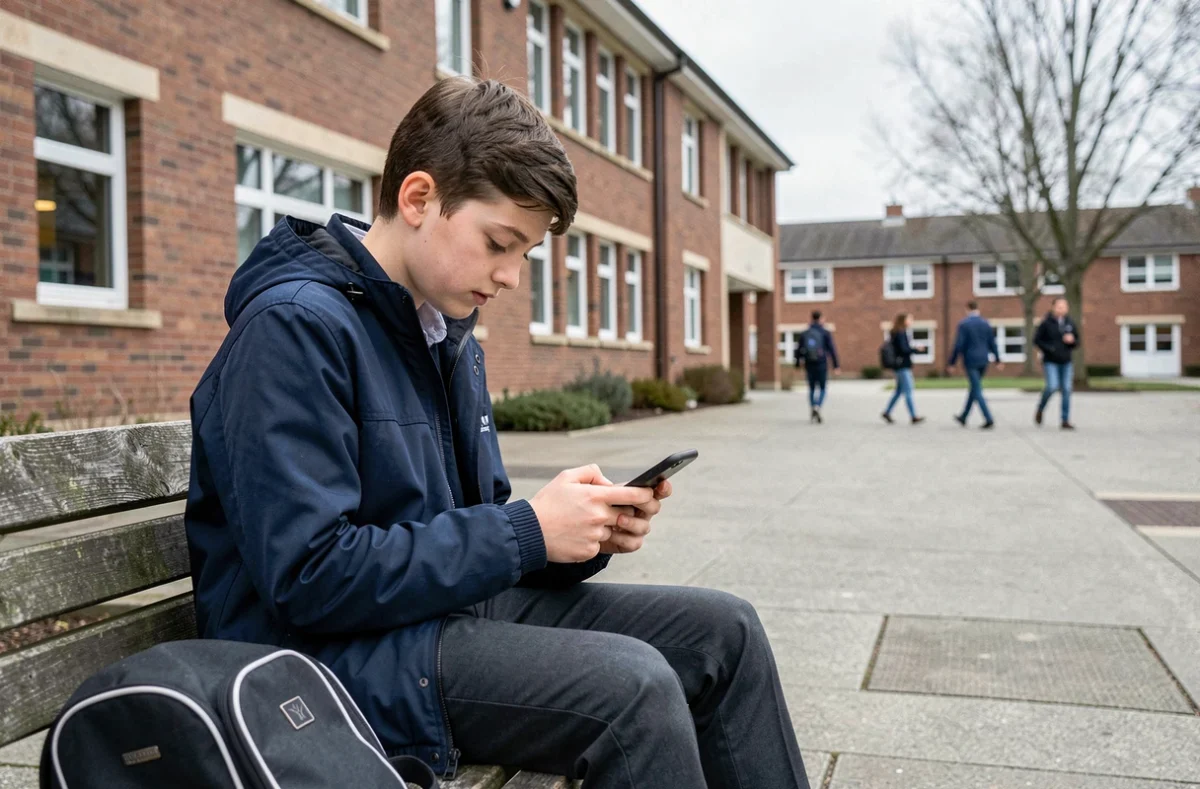 Lycéen utilisant l'ENT HEF sur son téléphone portable dans la cour de son école