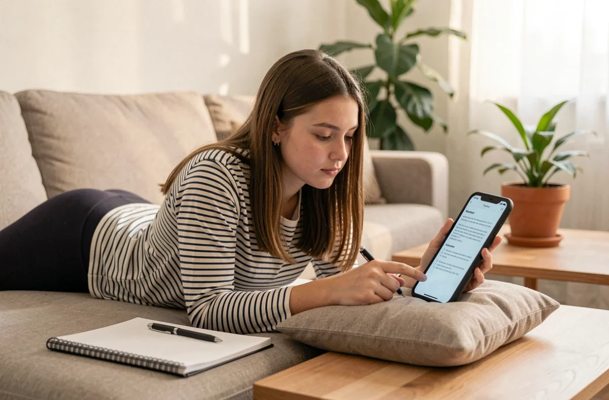 Lycéenne faisant ses devoirs via l'ENT HEF sur smartphone depuis le salon familial