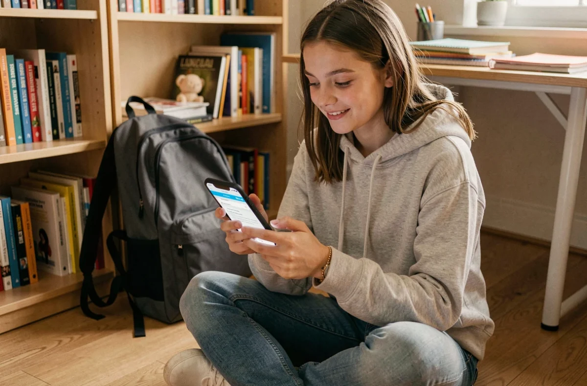 Adolescente consultant ses devoirs sur l'ENT HEF depuis son smartphone dans sa chambre