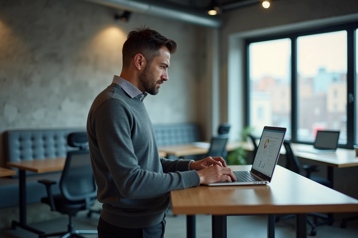 Entrepreneur masculin consultant un tableau de bord d'email marketing dans un espace de co-working contemporain