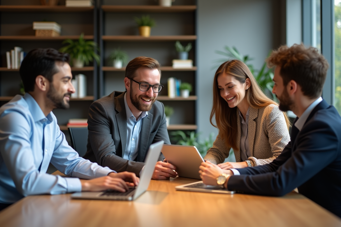 Groupe de quatre adultes en réunion de travail moderne