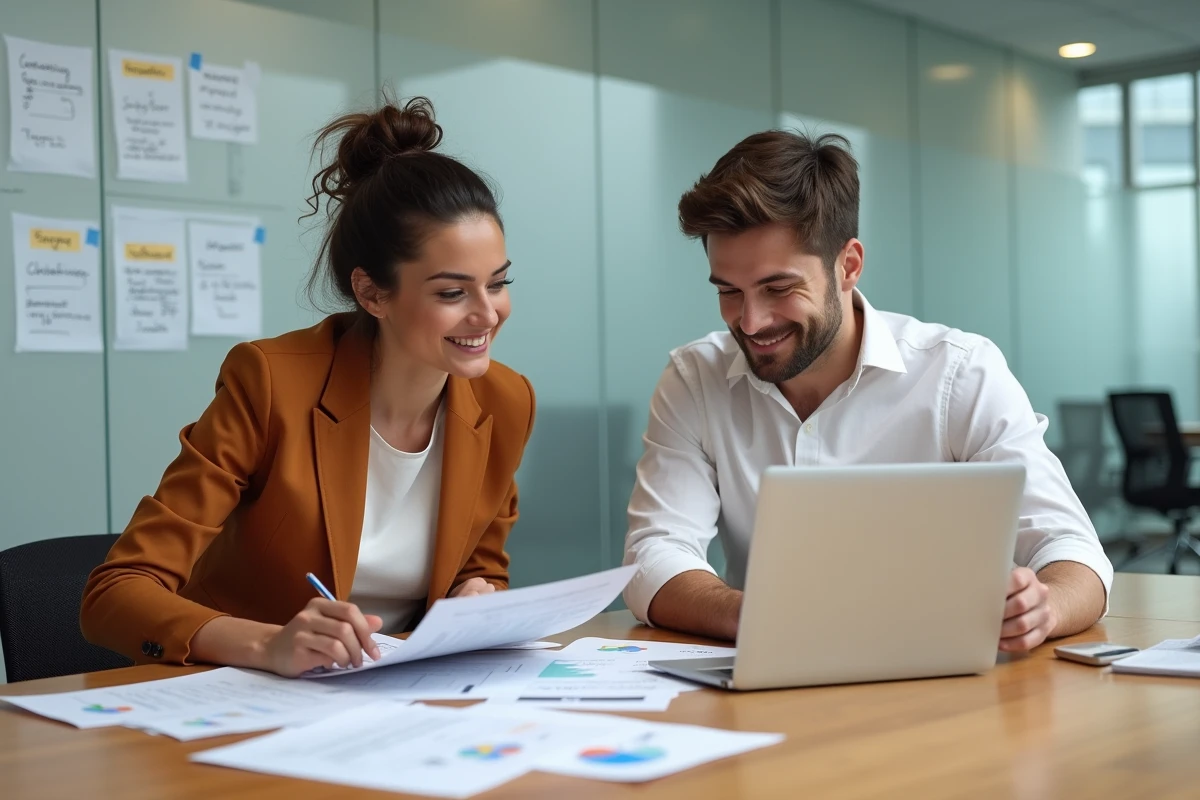 Deux professionnels du marketing collaborant sur une stratégie d'emailing autour d'une table de réunion avec rapports imprimés