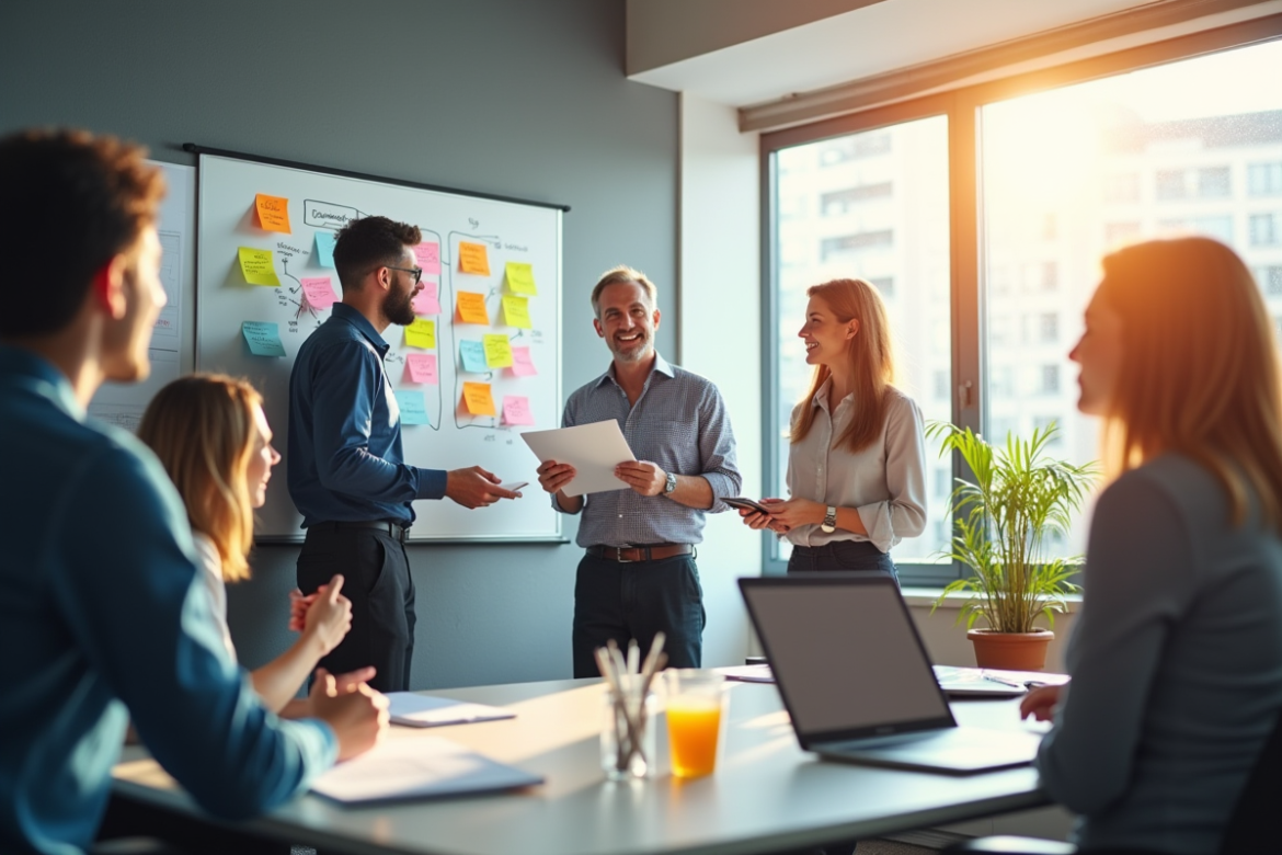 Équipe diversifiée en réunion dans un bureau lumineux