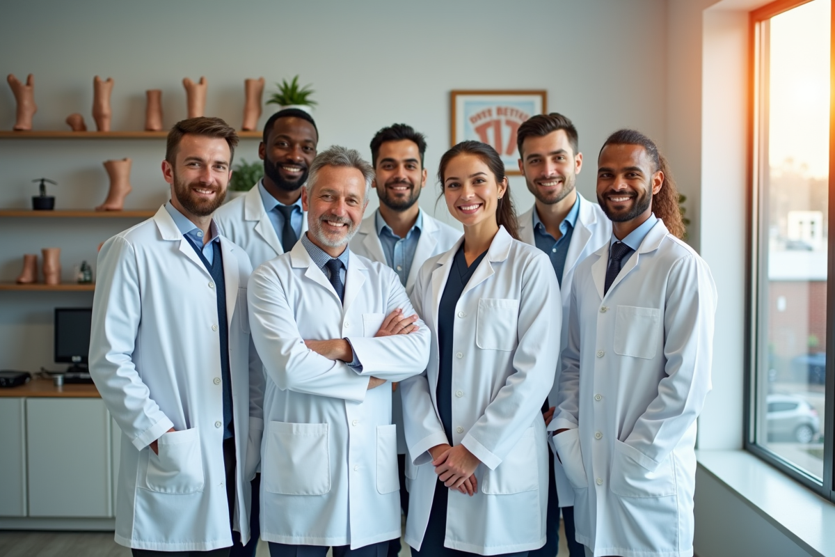 Groupe de podologues dans une clinique en lumière naturelle