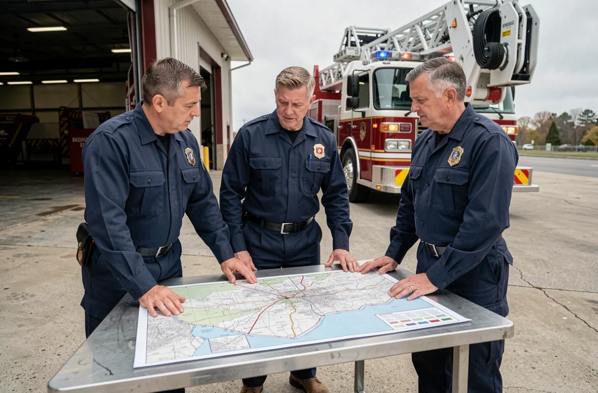 Équipe de pompiers professionnels discutant d'une stratégie tactique, illustrant le travail d'équipe et la hiérarchie des grades chez les sapeurs-pompiers