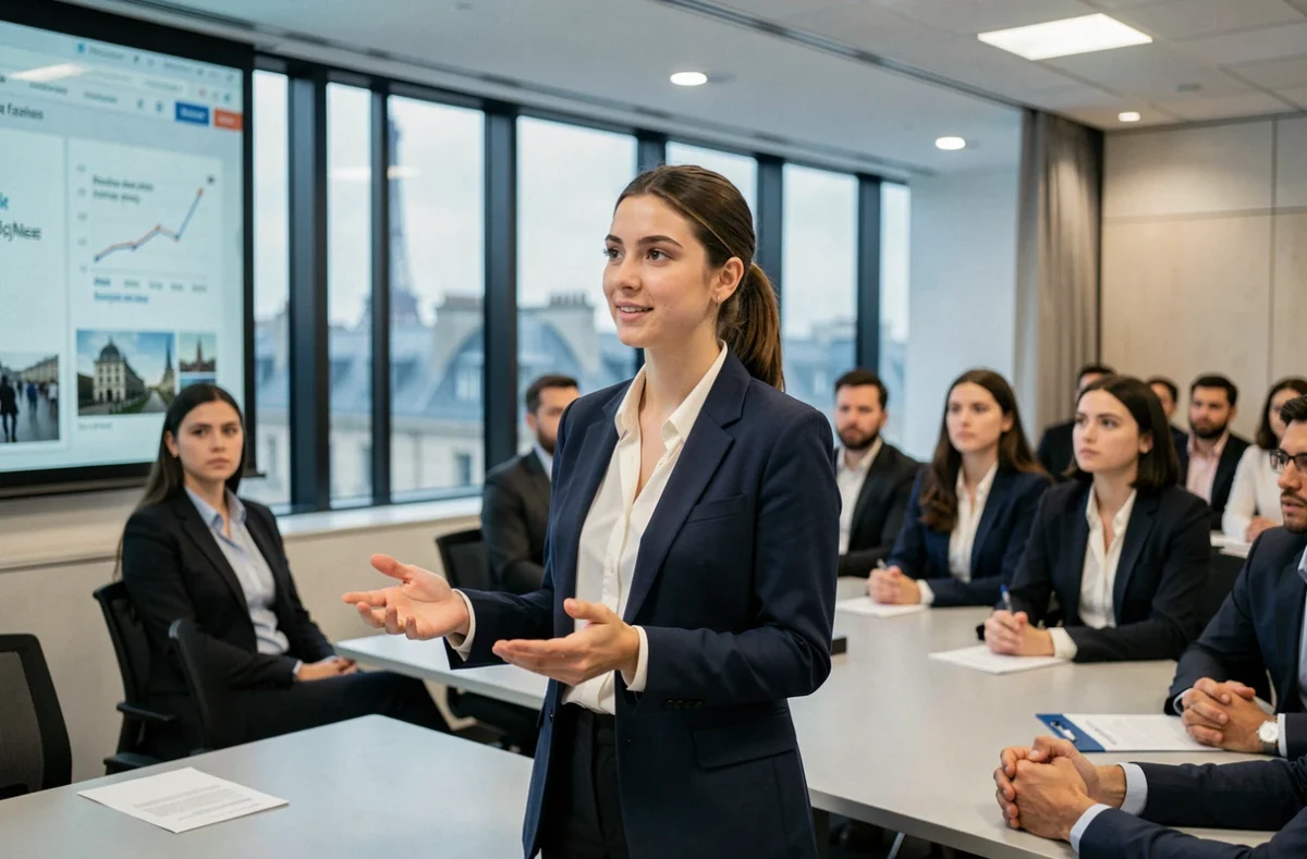 Étudiante en alternance présentant un exposé dans un amphithéâtre moderne de l'ESCP Business School à Paris