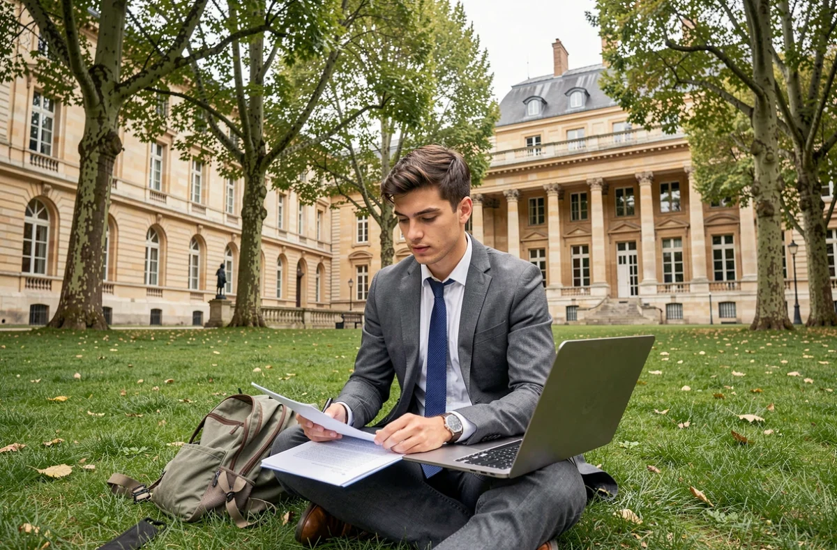 Étudiant en alternance révisant ses cours sur le campus verdoyant de l'ESSEC Business School près de Paris