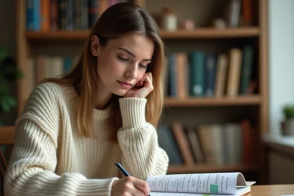 Jeune femme étudiant les connecteurs logiques en français avec des fiches de révision manuscrites sur un bureau en bois