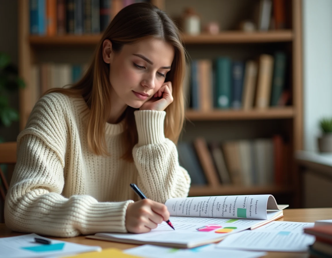 Jeune femme étudiant les connecteurs logiques en français avec des fiches de révision manuscrites sur un bureau en bois