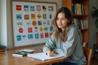 Jeune femme révisant un mémo visuel des questions du permis de conduire à son bureau