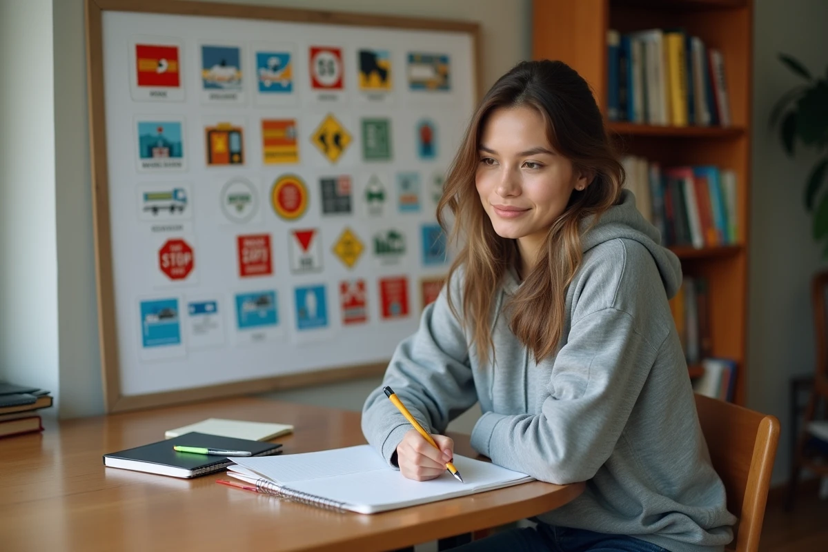 Jeune femme révisant un mémo visuel des questions du permis de conduire à son bureau