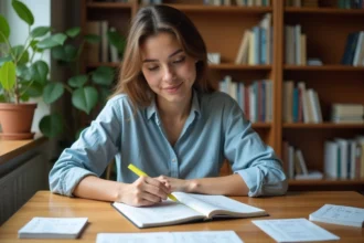 Jeune femme étudiant les verbes espagnols avec des fiches mémo manuscrites sur un bureau en bois
