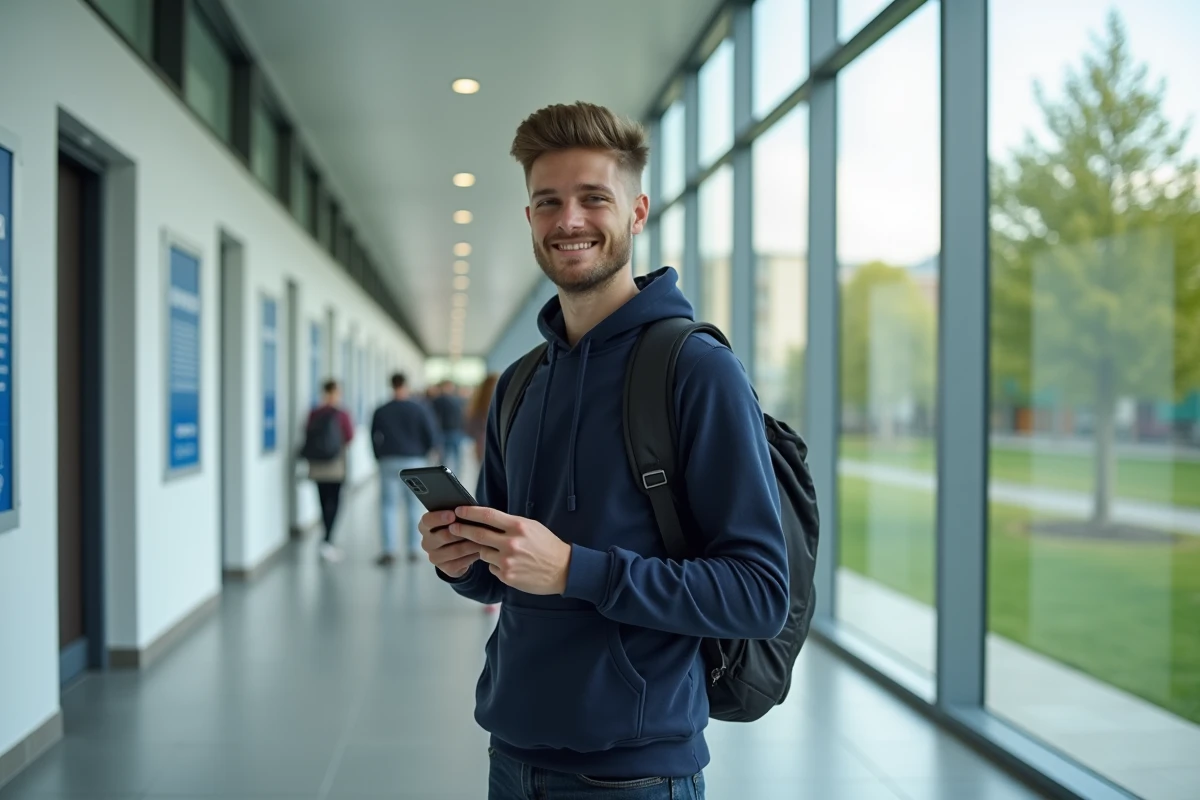 Étudiant consultant les aides et ressources universitaires sur son smartphone dans le couloir du campus du Mans