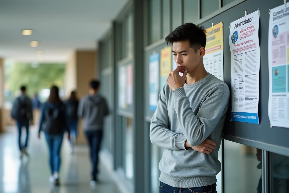 Étudiant consultant des annonces de bourses régionales et CROUS sur un panneau d'affichage universitaire