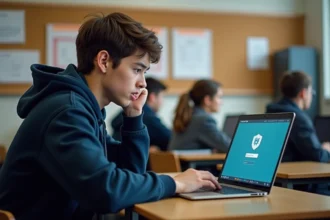 Étudiant frustré devant un écran d'erreur de connexion ENT université sur son ordinateur portable