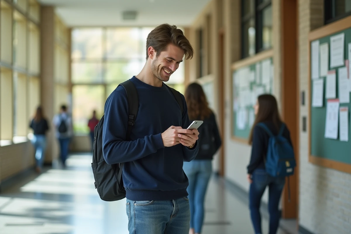 Etudiant universitaire dans un couloir lumineux avec smartphone