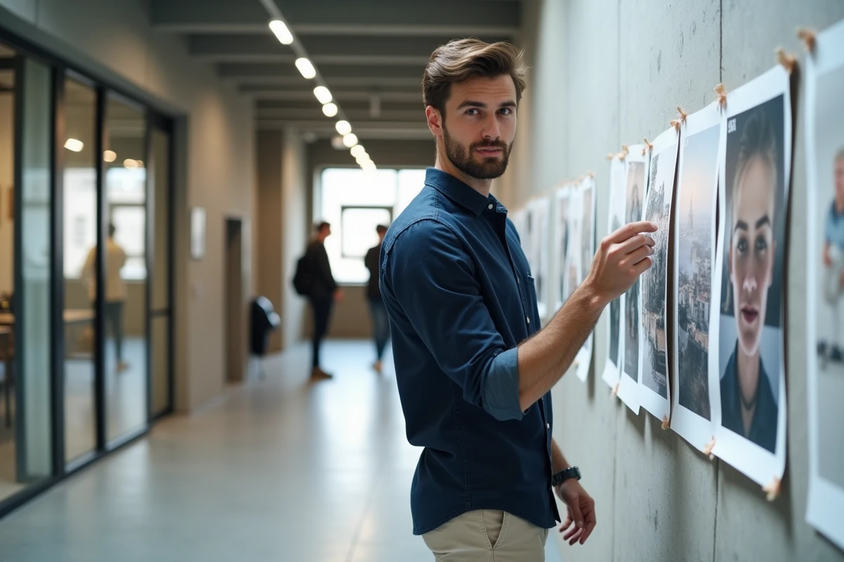 Étudiant en école de photographie à Toulouse affichant ses travaux dans le couloir d'un établissement d'enseignement artistique moderne