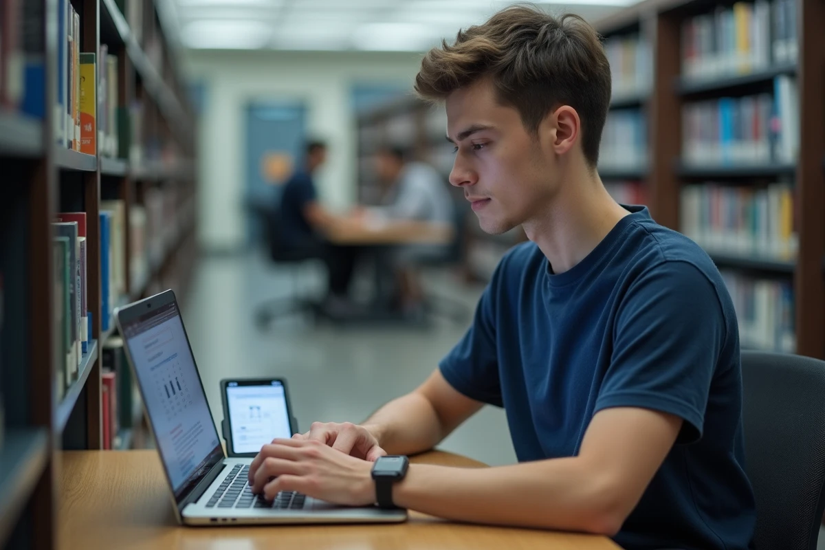 Étudiant connecté à l'ENT UTT en bibliothèque universitaire pour vérifier ses examens en ligne