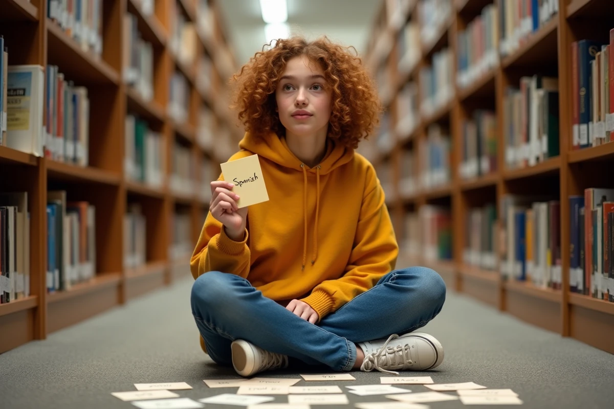 Jeune étudiant révisant les formes verbales de ir et ser au passé simple avec des fiches dans une bibliothèque