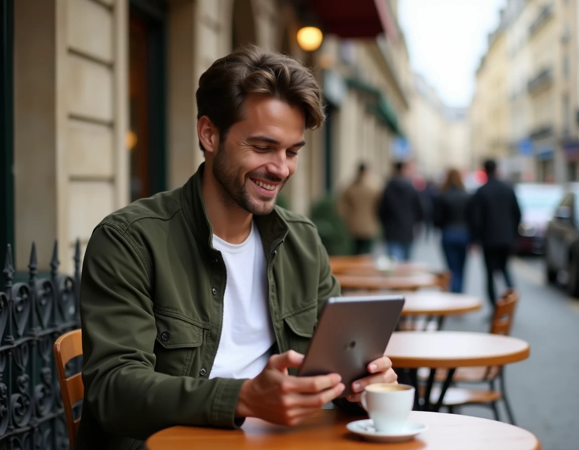 Étudiant en formation digitale en ligne travaillant sur une tablette en terrasse de café parisien
