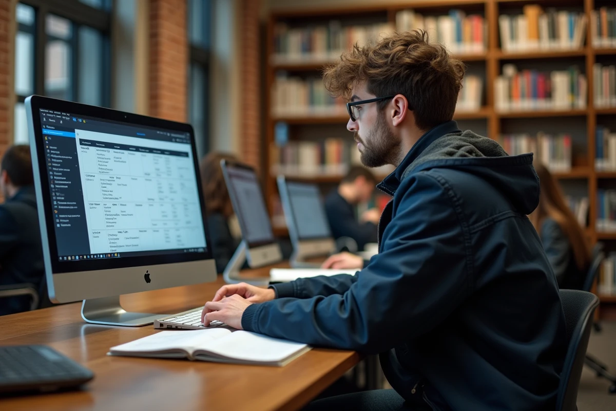 Étudiant masculin consultant les salles disponibles sur HYPERPLANNING dans une bibliothèque universitaire