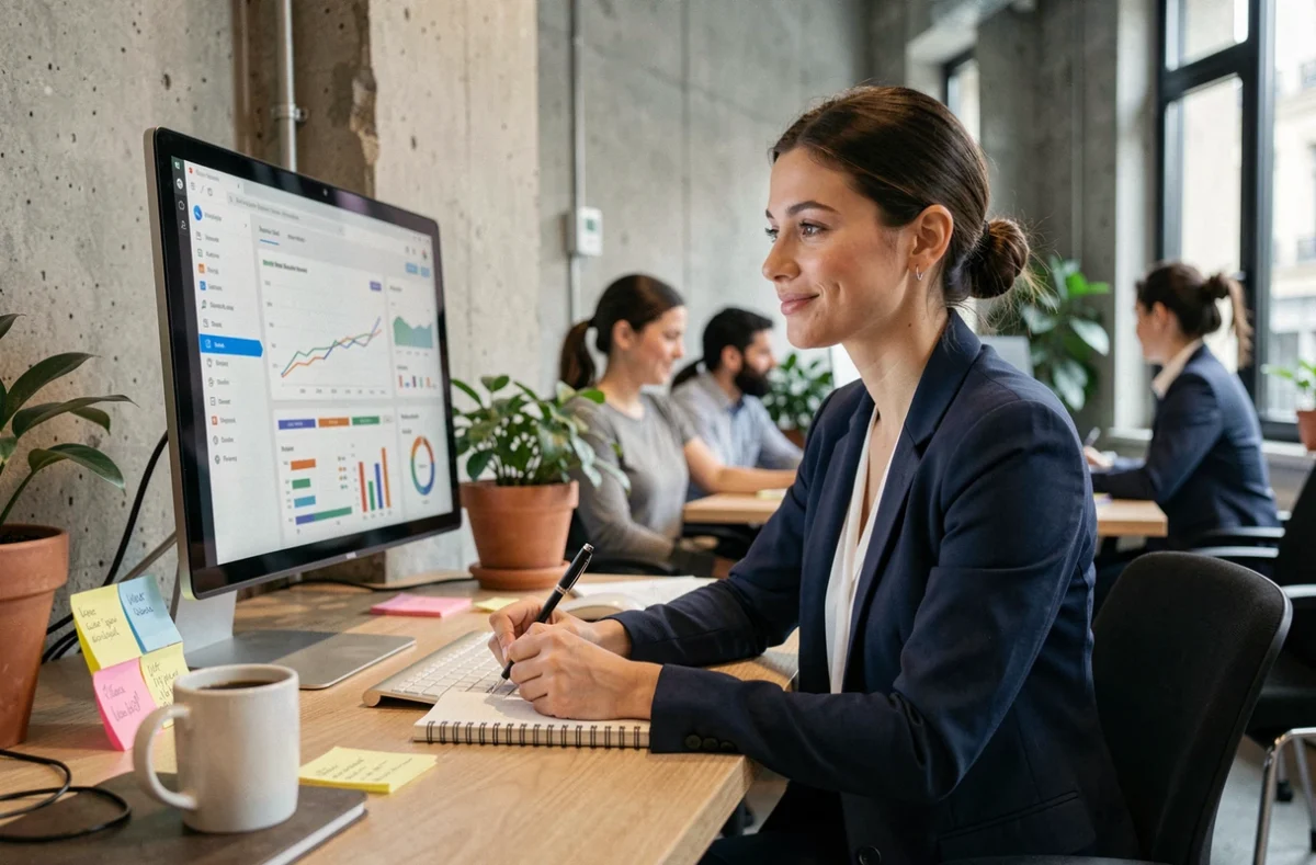 Étudiante en alternance marketing digital analysant des données sur un écran dans une agence parisienne moderne