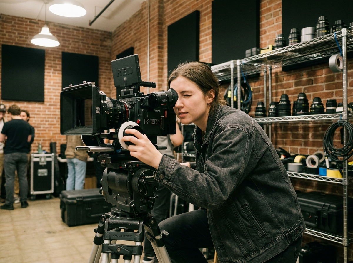 Étudiante en école de cinéma opérant une caméra professionnelle dans un studio de formation audiovisuelle