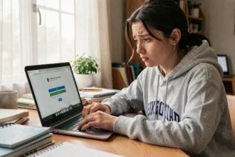 Étudiante connectée à l'espace numérique Arena Académie Montpellier sur un ordinateur portable dans une chambre universitaire