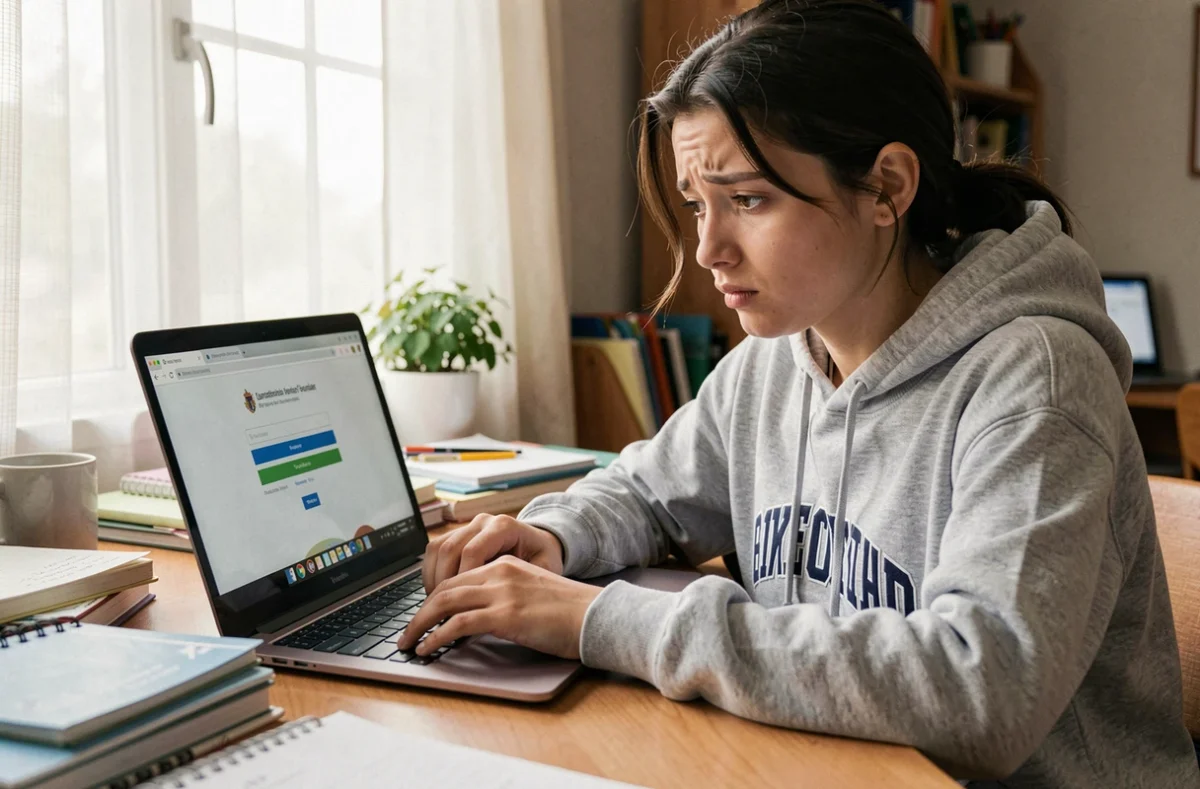 Étudiante connectée à l'espace numérique Arena Académie Montpellier sur un ordinateur portable dans une chambre universitaire