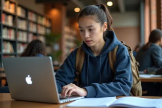 Étudiante remplissant un dossier de bourse CROUS sur son ordinateur portable dans une bibliothèque universitaire