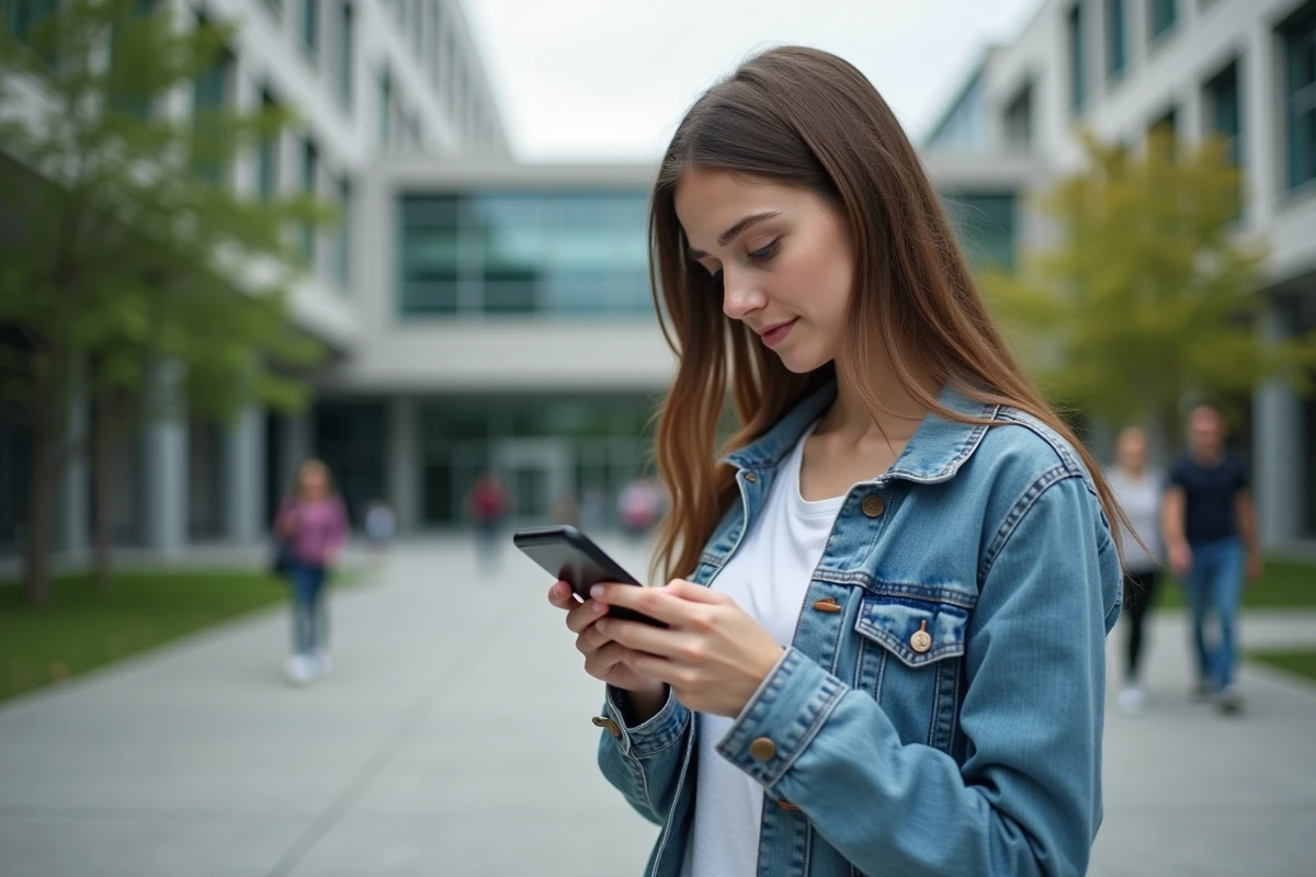 Étudiante lisant ses cours sur Elcyo depuis son téléphone sur un campus universitaire en extérieur