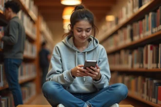 Étudiante consultant la plateforme Elcyo sur son smartphone dans une bibliothèque universitaire