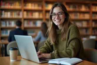 Étudiante utilisant l'ENT de l'université du Mans sur son ordinateur portable à la bibliothèque universitaire