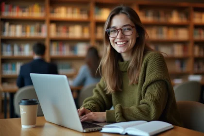 Étudiante utilisant l'ENT de l'université du Mans sur son ordinateur portable à la bibliothèque universitaire
