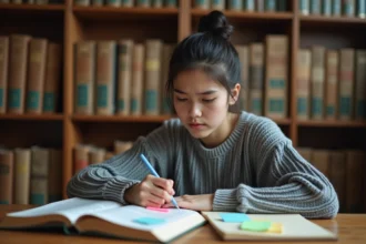 Étudiante annotant un manuel de français avec des figures de style pour préparer le bac de français