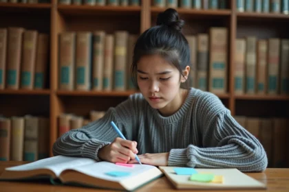 Étudiante annotant un manuel de français avec des figures de style pour préparer le bac de français