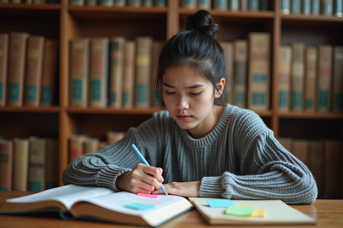 Étudiante annotant un manuel de français avec des figures de style pour préparer le bac de français