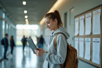 Étudiante consultant son emploi du temps HYPERPLANNING sur un ordinateur portable dans un couloir universitaire moderne