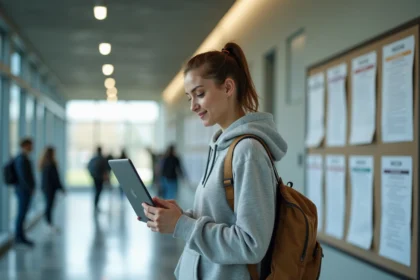 Étudiante consultant son emploi du temps HYPERPLANNING sur un ordinateur portable dans un couloir universitaire moderne