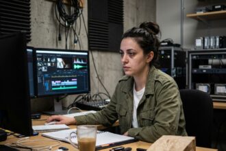Étudiante en école de cinéma concentrée sur un logiciel de montage vidéo dans une salle de post-production