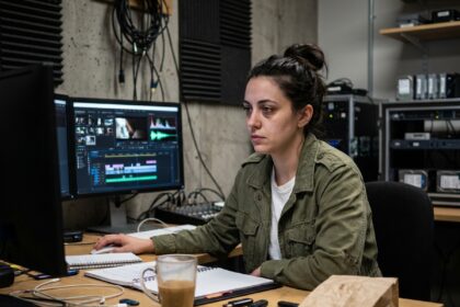 Étudiante en école de cinéma concentrée sur un logiciel de montage vidéo dans une salle de post-production