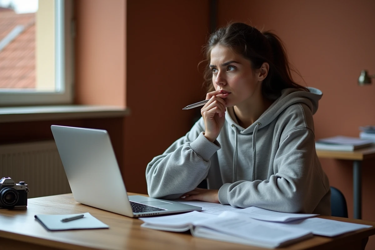Étudiante en photographie à Toulouse consultant une demande de bourse sur son ordinateur portable entourée de documents de financement