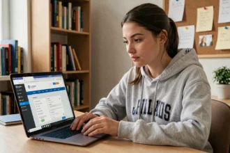 Étudiante utilisant la plateforme Cyclades sur un ordinateur portable dans sa chambre universitaire